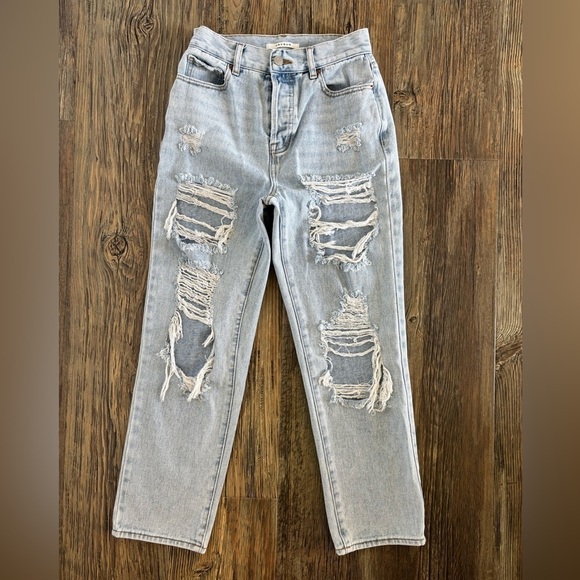 PacSun Denim - PacSun High Rise Straight Jeans Womens 25 Button Fly Distressed Lt Blue Denim